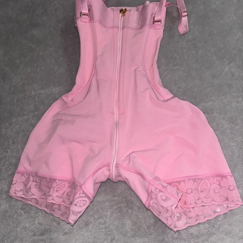Pink Shapewear Bodysuit with Lace Trim and Compression Panels